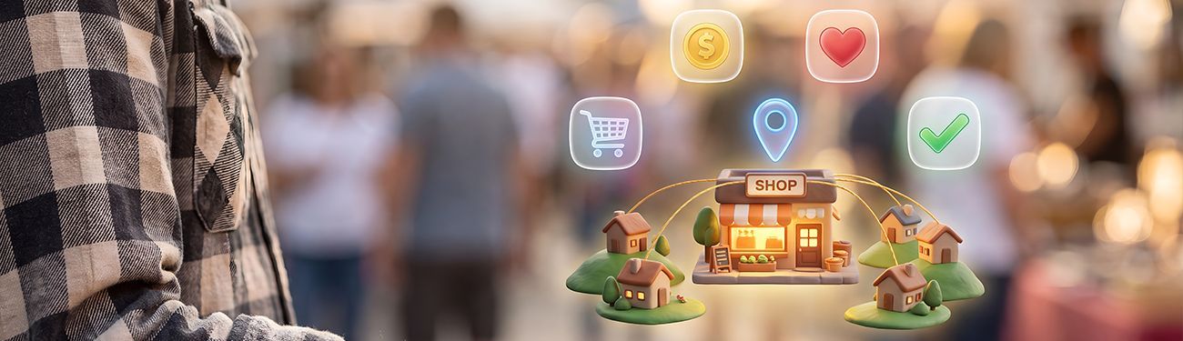 Hand holding a glowing online shop icon with location, cart, heart, coin, and check symbols floating above.