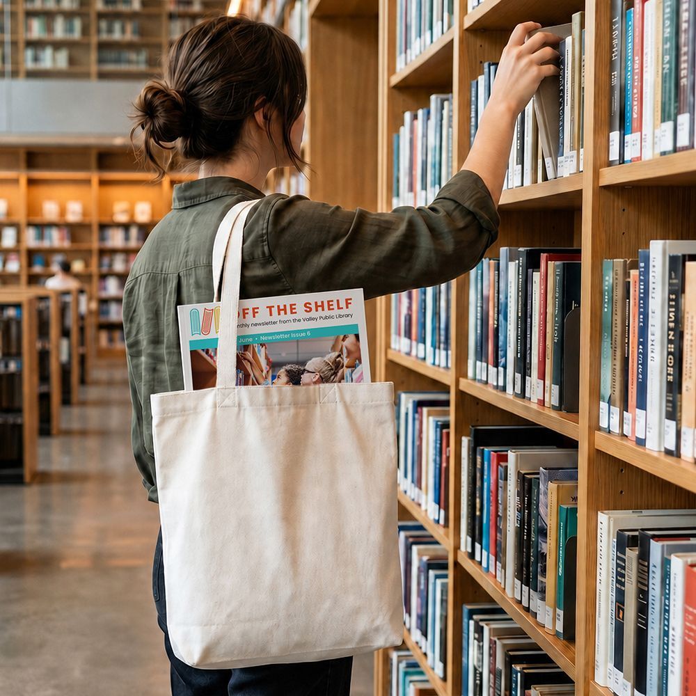 A woman a at books on a shelf with a tote bag over her shoulder that has a library newsletter in it.