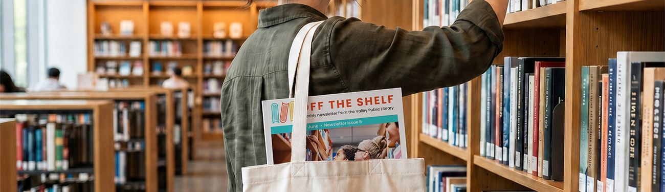A woman a at books on a shelf with a tote bag over her shoulder that has a library newsletter in it.