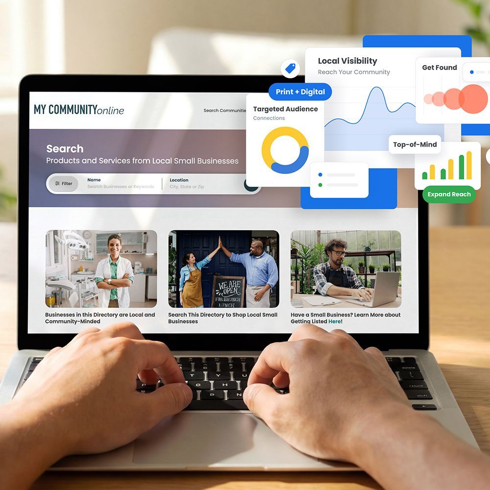 Computer showing homepage of My Community Online with ad options