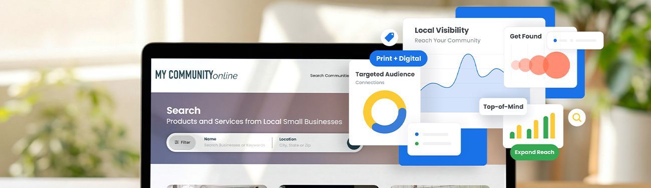 Computer showing homepage of My Community Online with ad options
