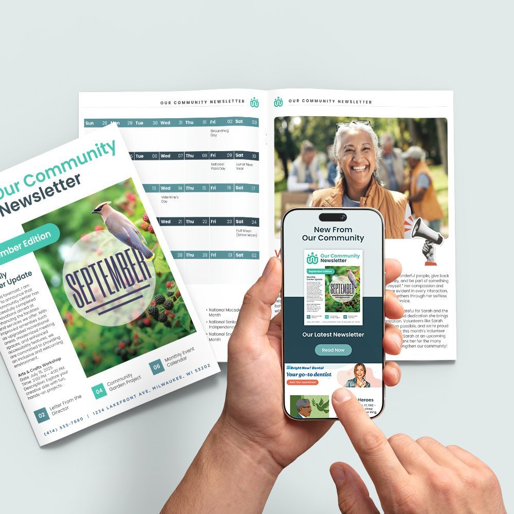 A community newsletter viewed on a phone, and printed media