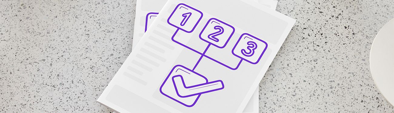 Purple drawing of three numbered squares above a checkmark on a white paper sheet