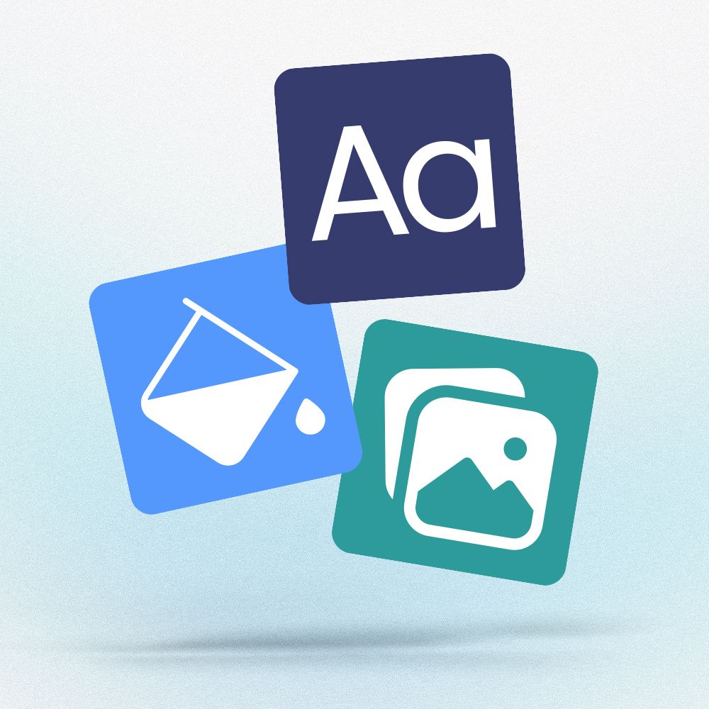 Three colorful app icons for text, drawing, and photos on a light background
