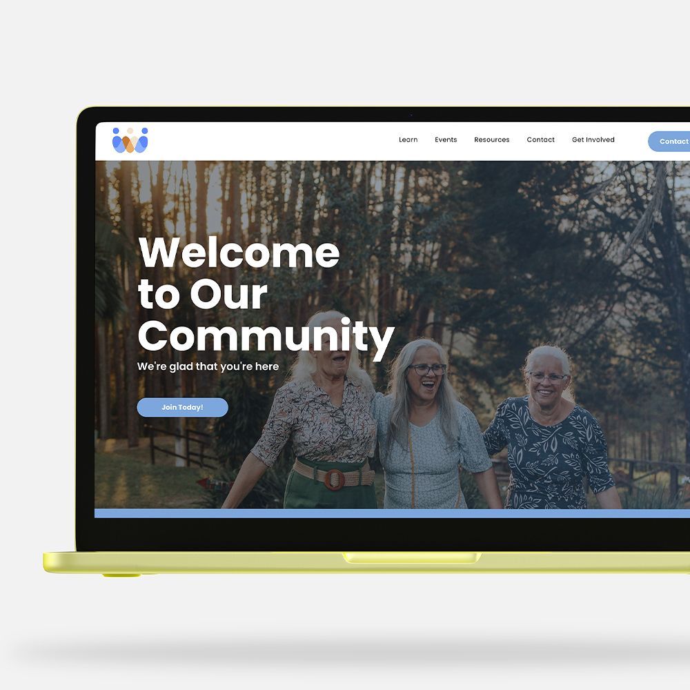 Website homepage with forest background, “Welcome to Our Community” headline, and three people smiling