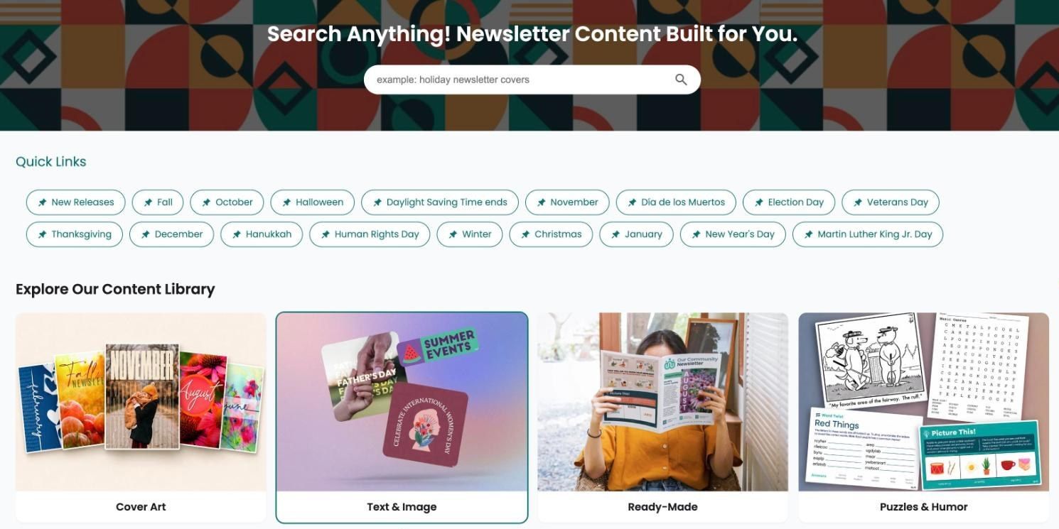 The Community WeCreate home page: search banner, Quick Links for the months and holidays ahead, and four content tiles