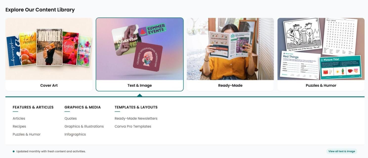 The Text and Image menu: Features and Articles, Graphics and Media, Templates and Layouts