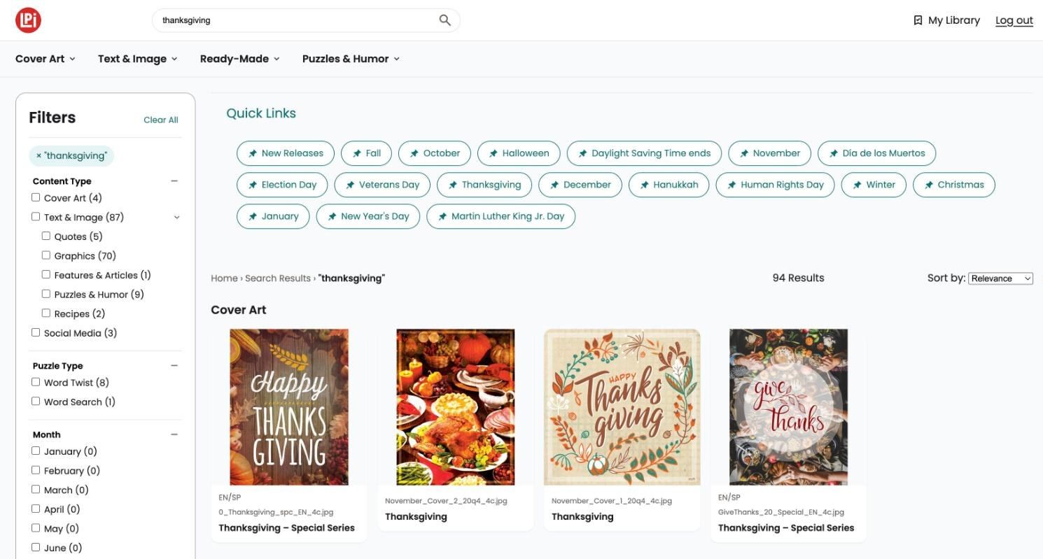 Search results for thanksgiving: filters on the left, Quick Links on top, and Cover Art results under a heading