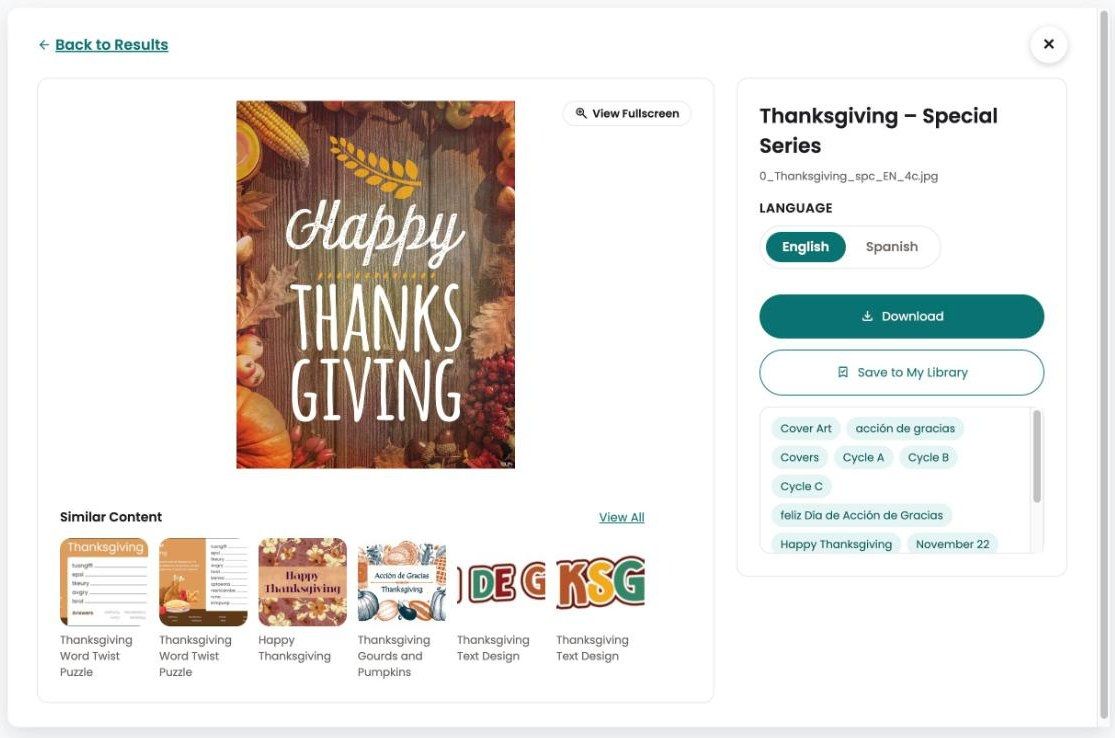 An asset page: the cover preview, Similar Content below it, and on the right the title, file name, Language switch, Download, Save to My Library and tags