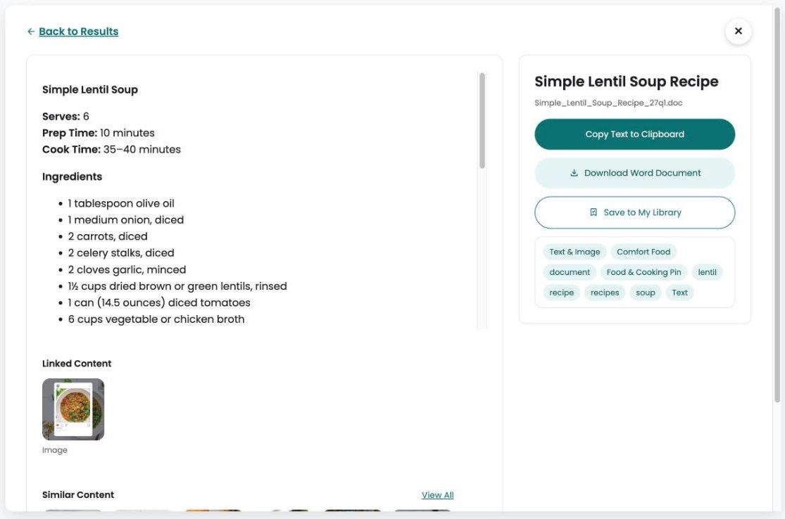 A recipe shown as text, with Copy Text to Clipboard and Download Word Document buttons