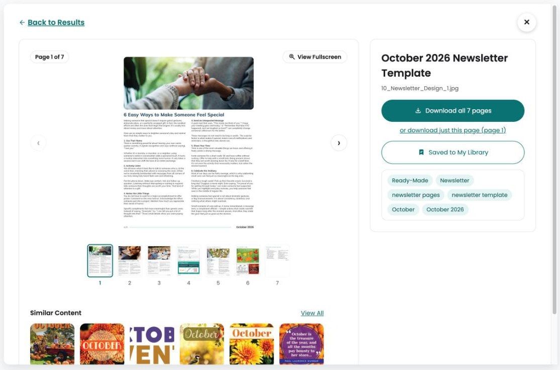 A ready-made newsletter, page 1 of 7, with a page strip and Download all 7 pages