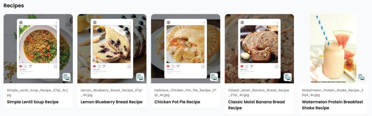 Recipe cards, each with the image-and-text icon in the corner of the picture