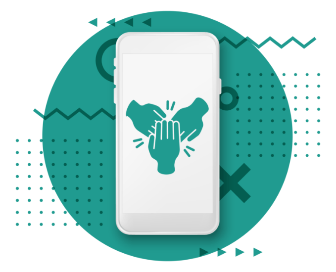 A cell phone with a picture of three hands on the screen.