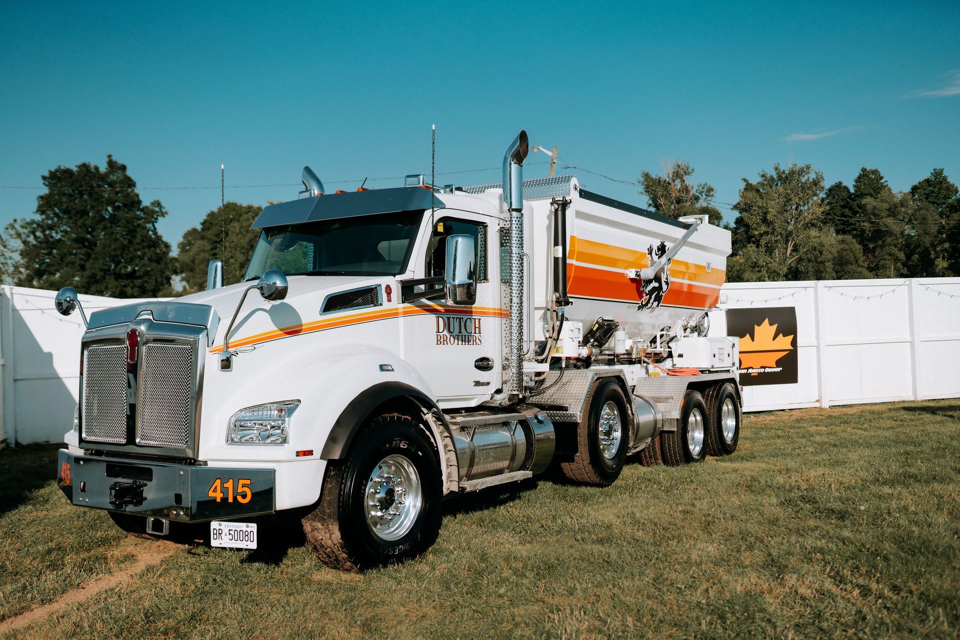 a large white semi truck is parked in a grassy field .