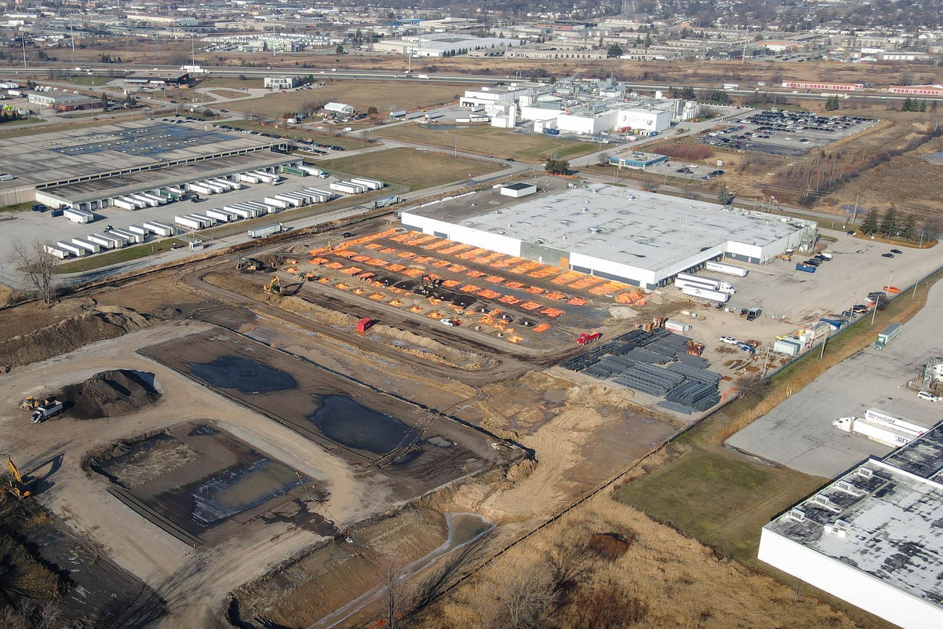 An aerial view of a large industrial area with lots of buildings