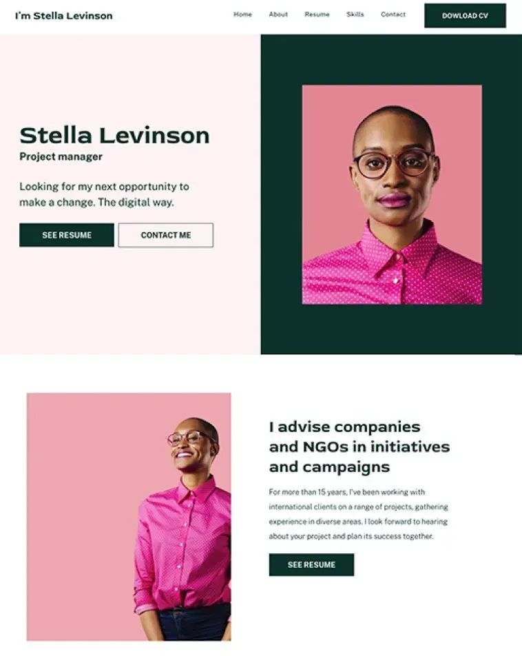 A woman in a pink shirt and glasses is on a website.