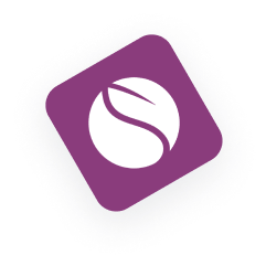 A purple square with a white circle with a leaf on it.
