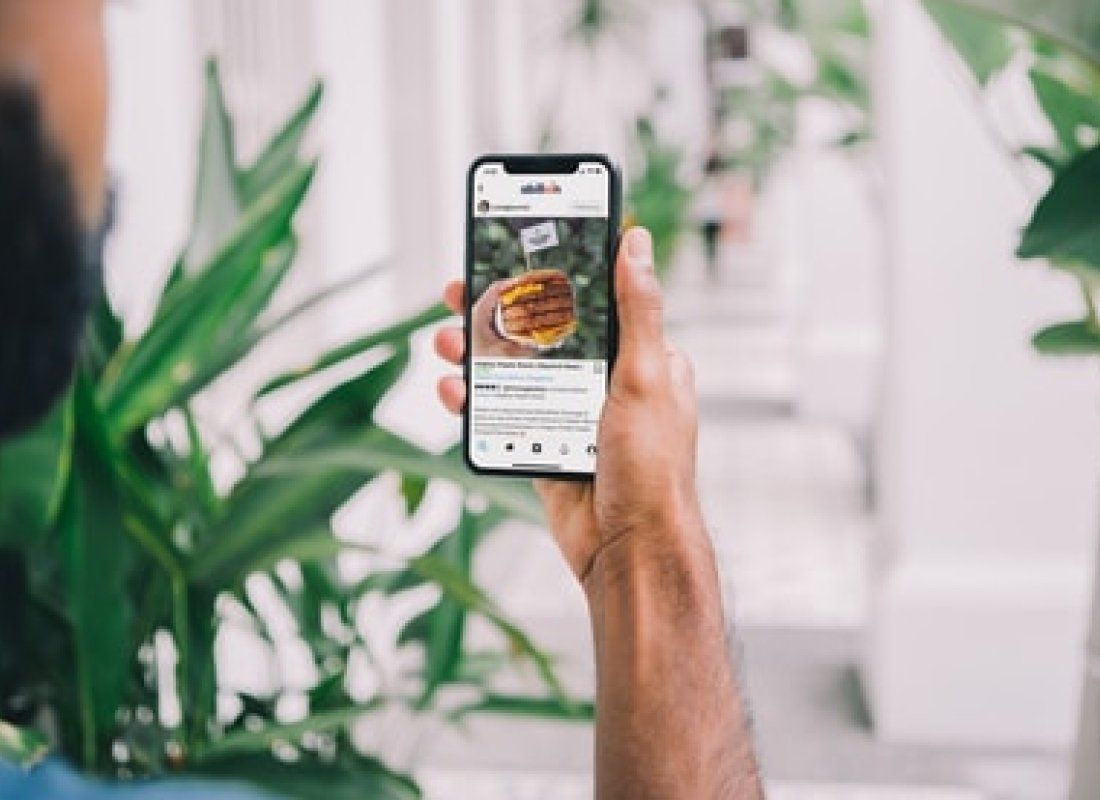 A person is holding a cell phone in their hand in front of a plant.