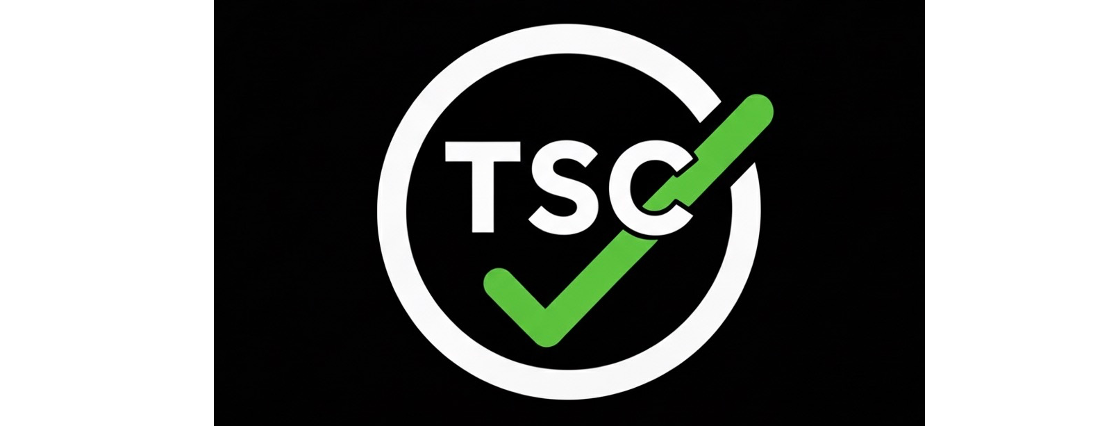 Witte letters "TSC" in een witte cirkel, met daarop een groen vinkje op een zwarte achtergrond.