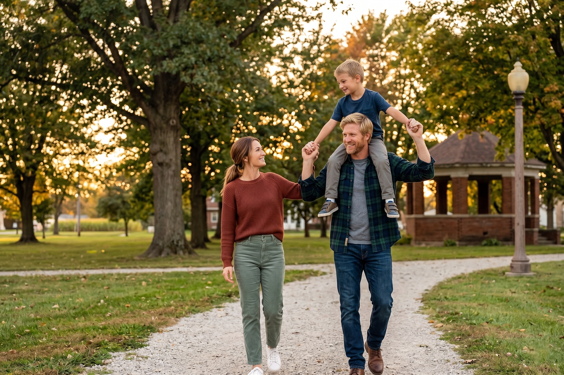 Three people walking on a park path at sunset, one person sitting on another’s shoulders.