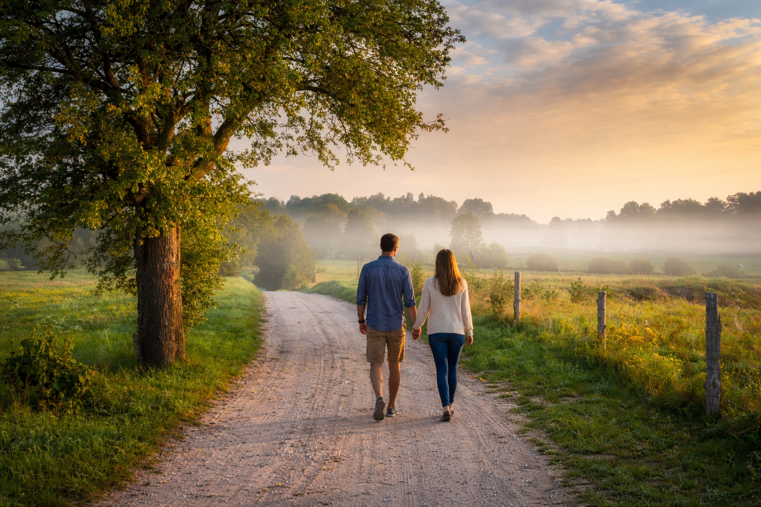 Two people walking on a gravel path through a misty green field at sunrise