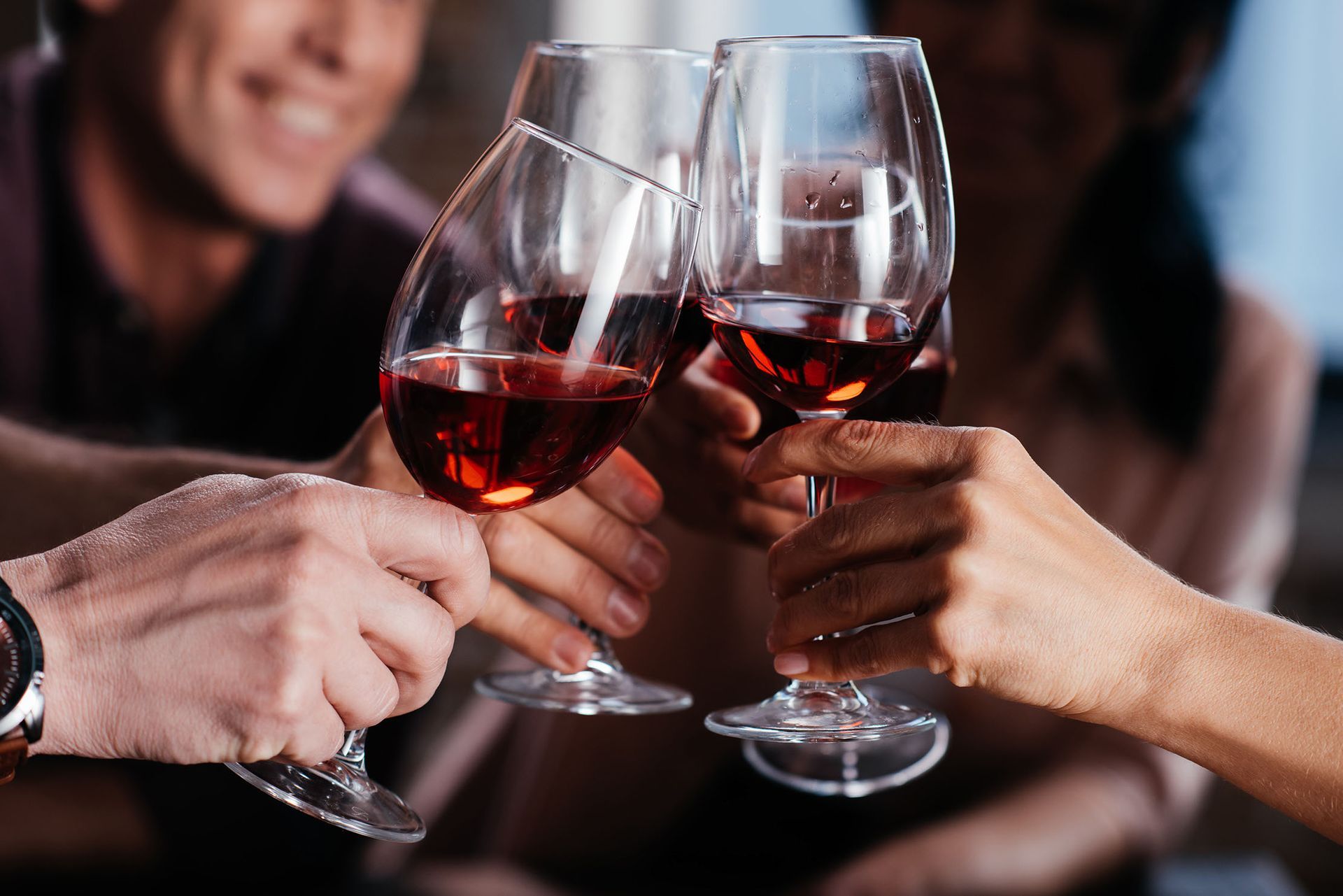 A group of people are toasting with wine glasses.