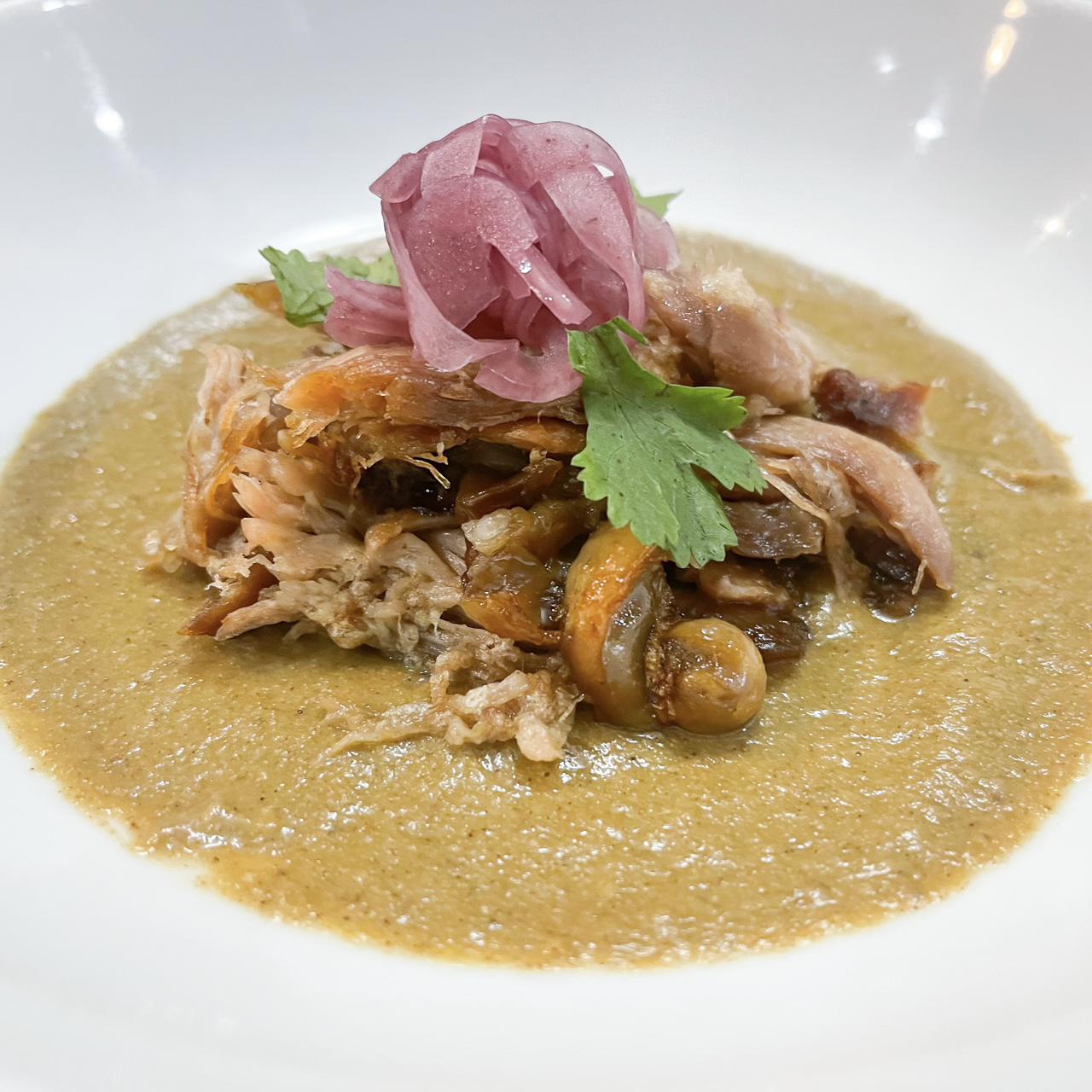 A bowl of soup with meat and vegetables on top