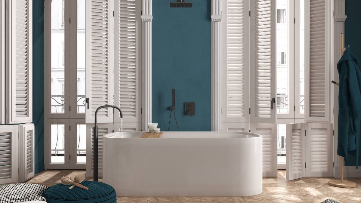Interior window shutters in a modern bathroom near Boerne, Texas (TX)