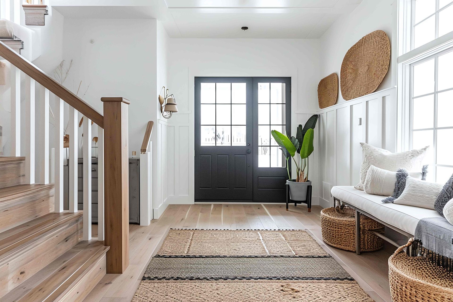 The foyer of a home with a modern coastal interior design at Blinded by Delight Window Coverings & Design near San Antonio and Boerne, Texas (TX)
