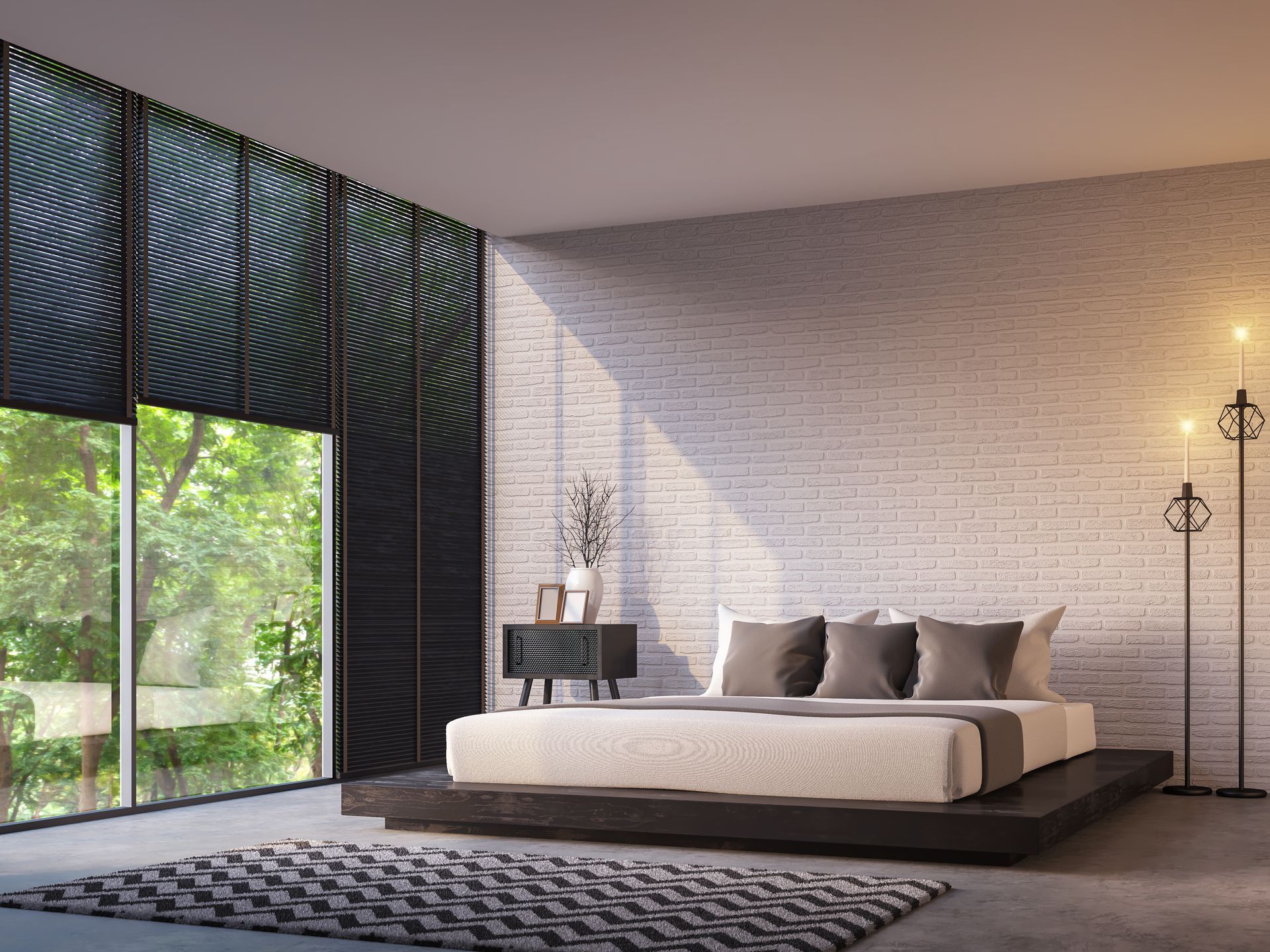 Window shades in a bedroom at Blinded By Delight Window Coverings