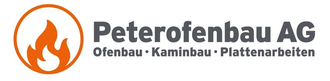 Logo der Peterofenbau AG mit einer Flamme in einem orangefarbenen Kreis, darunter grauer Text.