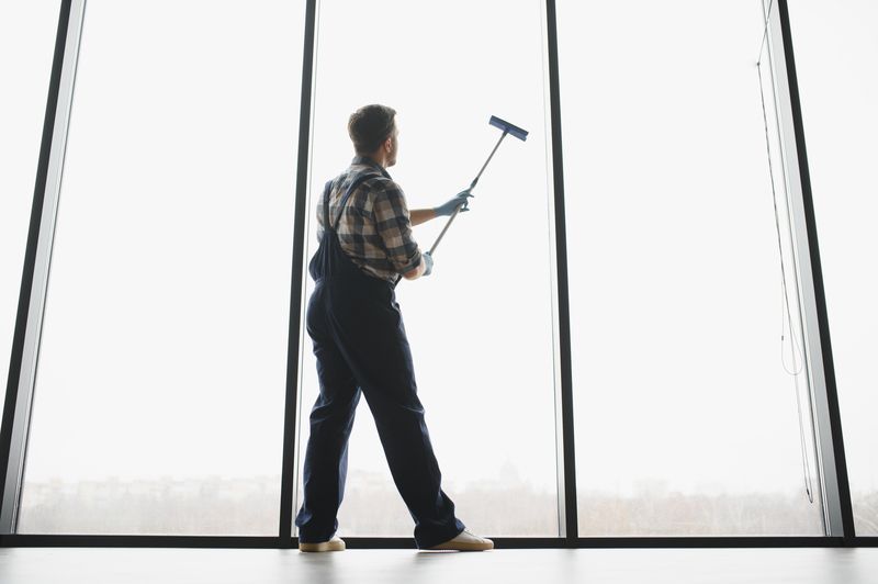 Person cleaning large floor-to-ceiling windows with a squeegee in a bright room