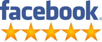Facebook logo above five orange stars rated 5 out of 5.