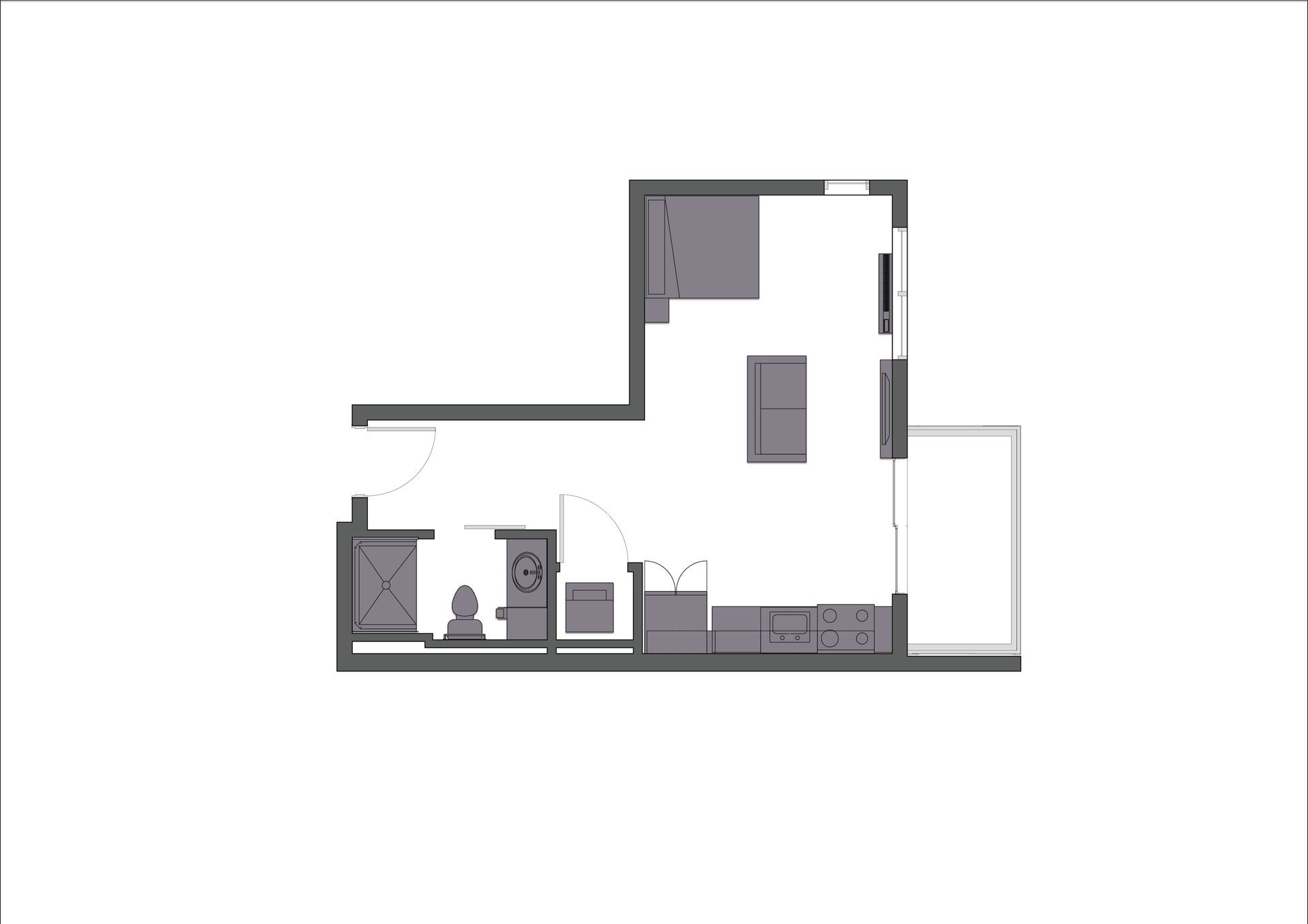 A floor plan of a small apartment with a balcony.