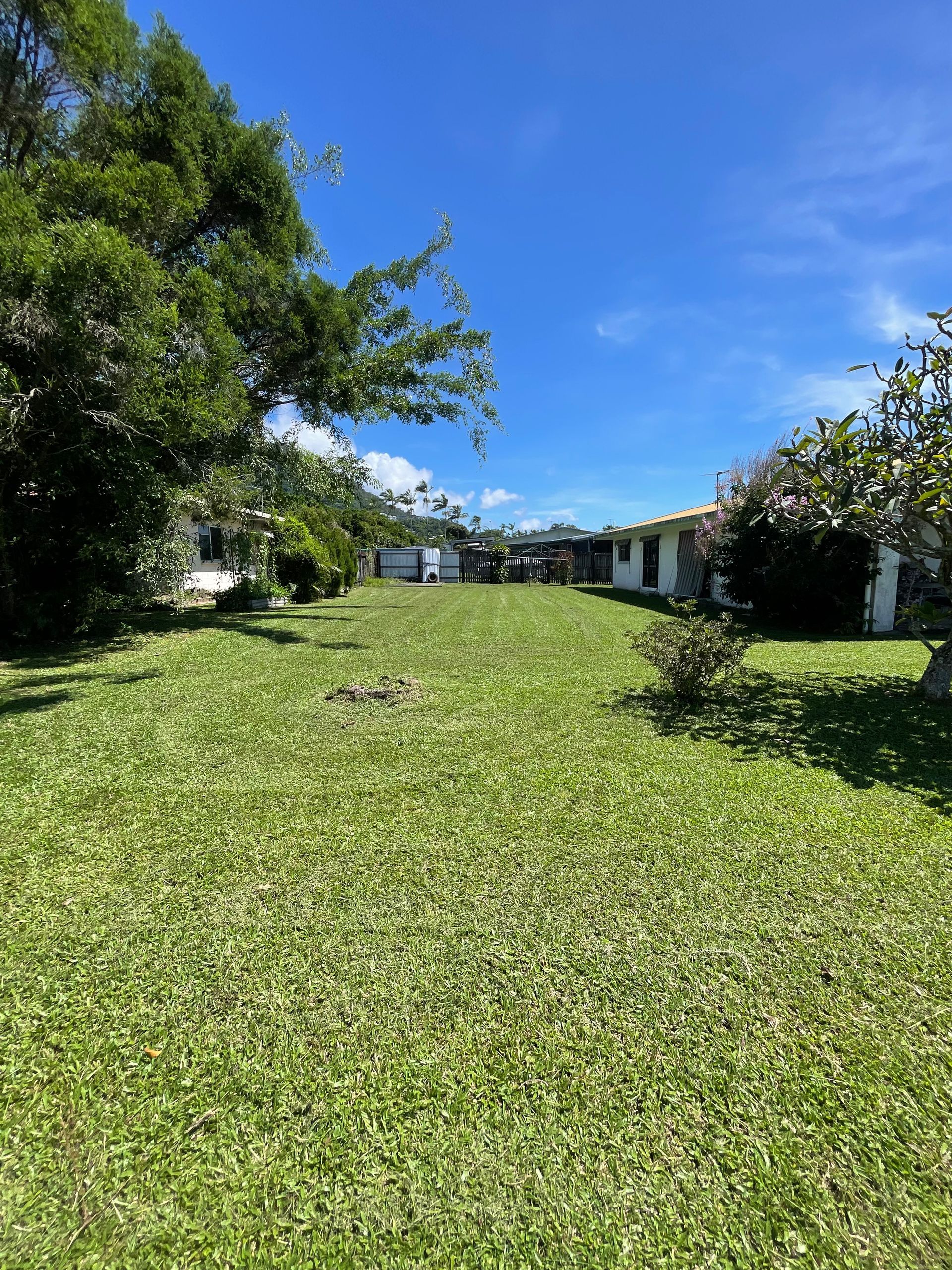 Green Lawn with A Small White Building and Trees Under a Blue Sky — Lads Lawns & Gardens in Bentley Park, QLD