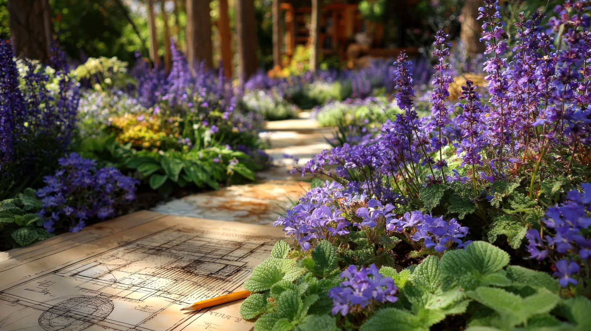 Landscaped garden bed with bright hostas lining a paved walkway.