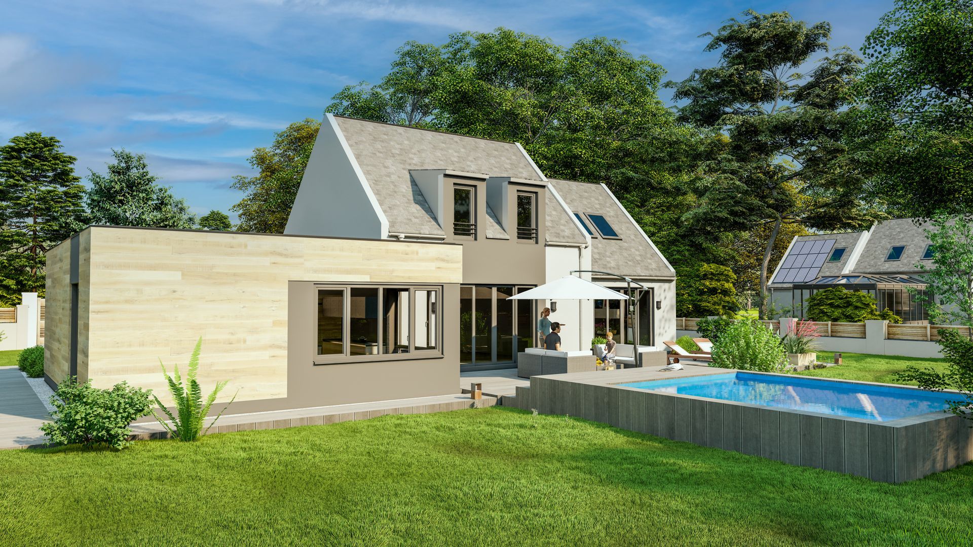 Modern luxury home with pool, patio, and landscaped backyard on a sunny day.
