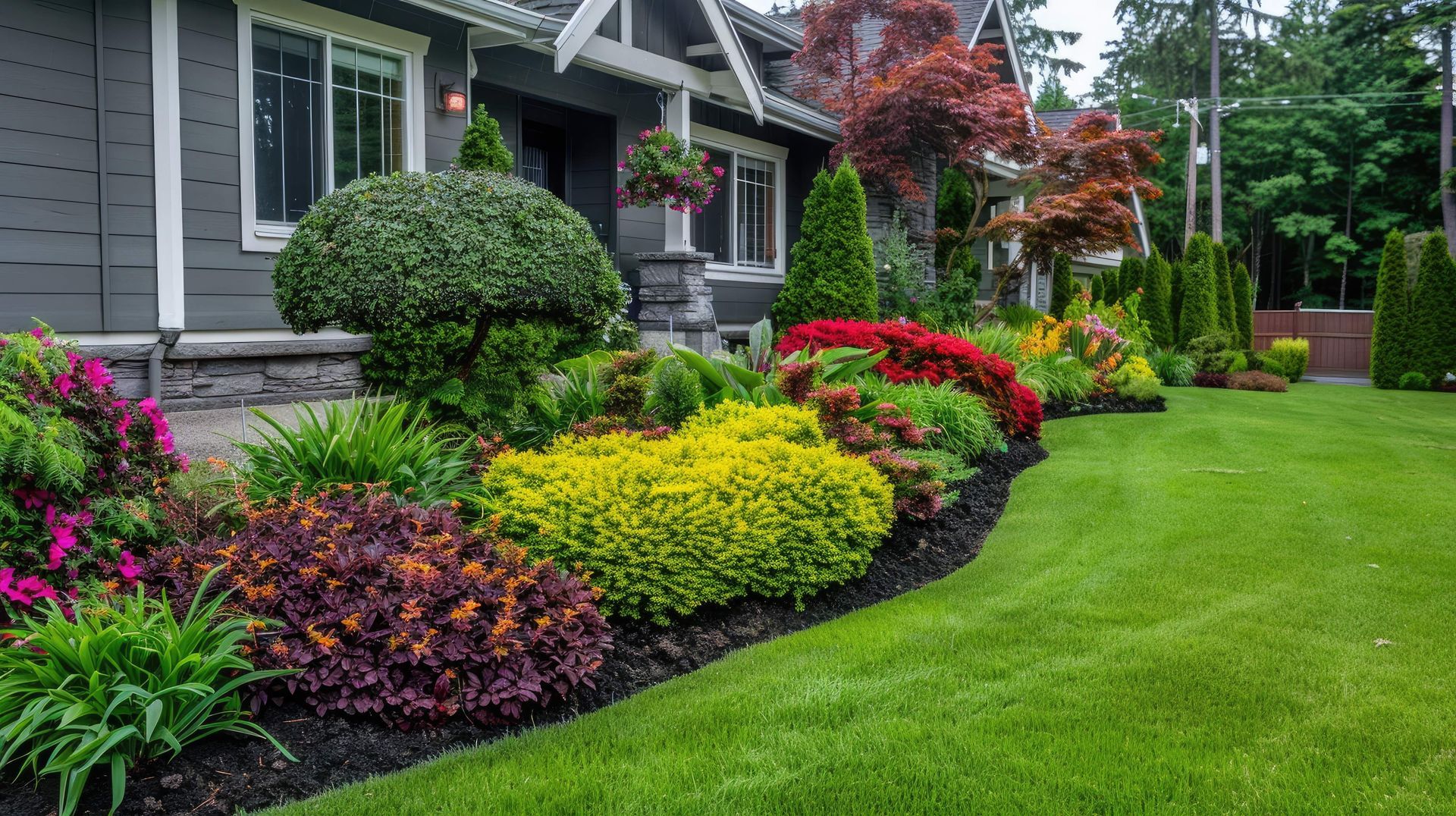 Modern landscape design featuring colorful shrubs and a curved lawn.