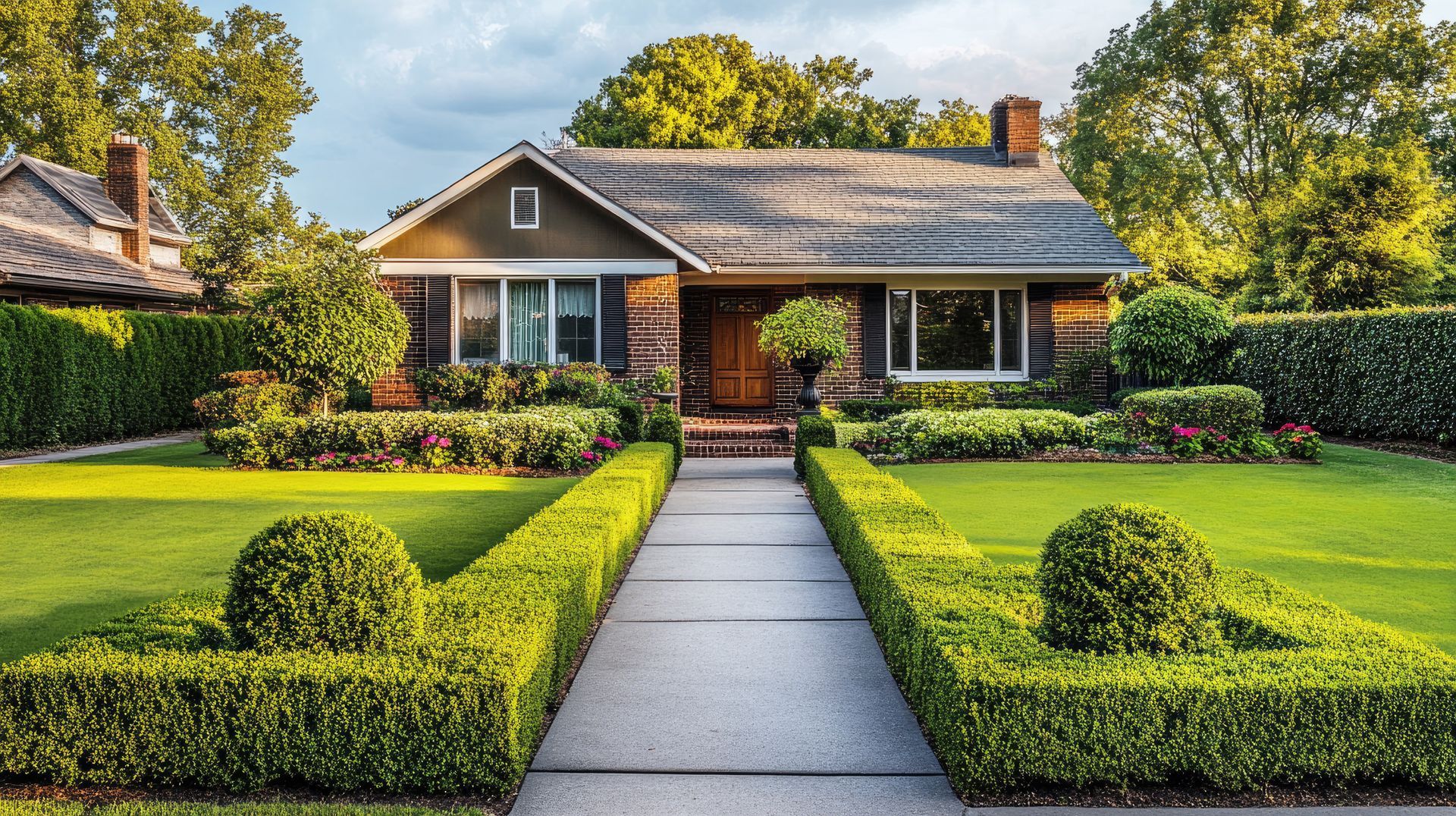Symmetrical front yard with manicured hedges and a walkway leading to a small house