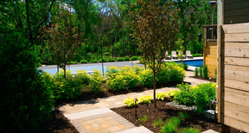 A landscaped backyard with a stone walkway leading to a fenced-in swimming pool. A landscaped backyard with a stone walkway leading to a fenced-in swimming pool.