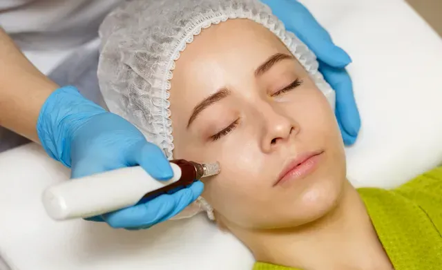 A woman is getting a facial treatment at a beauty salon.