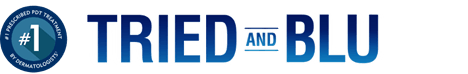 A blue and white logo for tried and blu