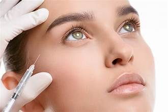 A woman is getting a botox injection in her forehead.