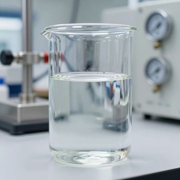 Liquido trasparente in un becher di vetro su un banco da laboratorio, con indicatori e attrezzature sullo sfondo.