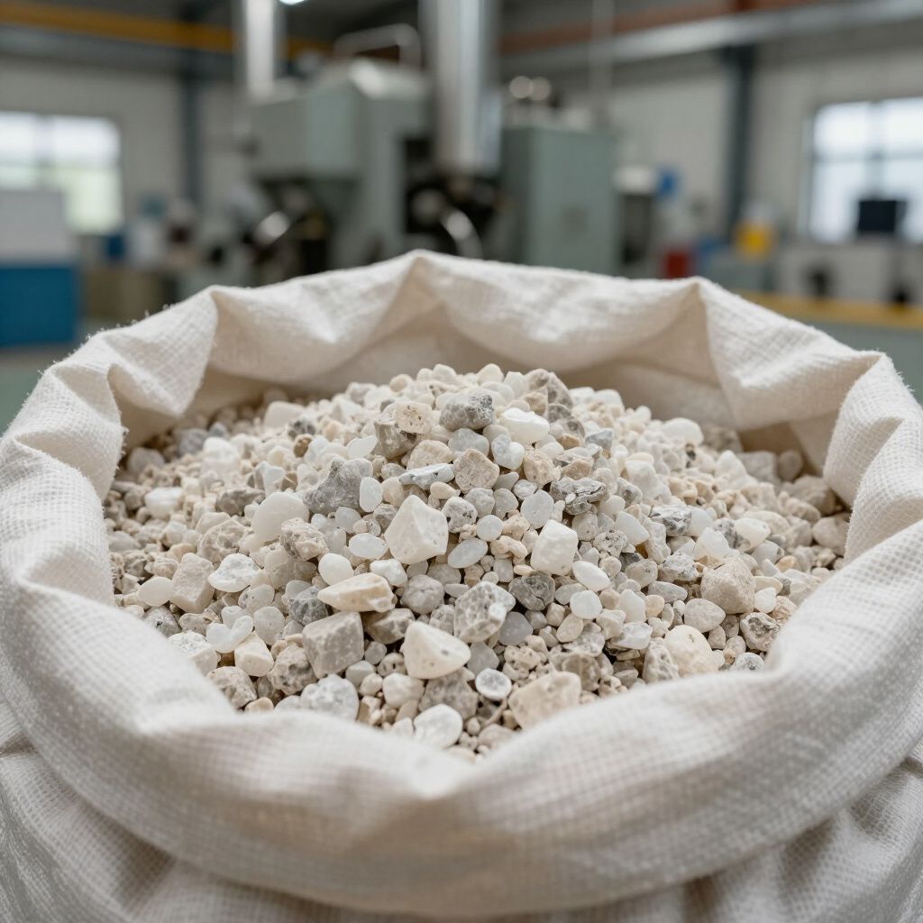 Borsa bianca aperta piena di piccole pietre di colore chiaro, dalla forma irregolare; sullo sfondo si intravede probabilmente un ambiente industriale.