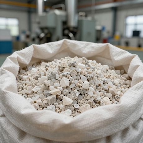 Borsa bianca aperta piena di piccole pietre di colore chiaro, dalla forma irregolare; sullo sfondo si intravede probabilmente un ambiente industriale.