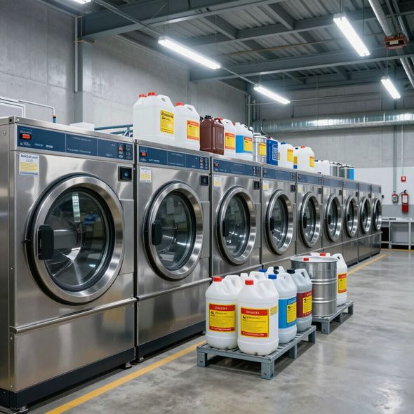 Fila di lavatrici commerciali in una lavanderia, con contenitori di prodotti chimici su pallet.