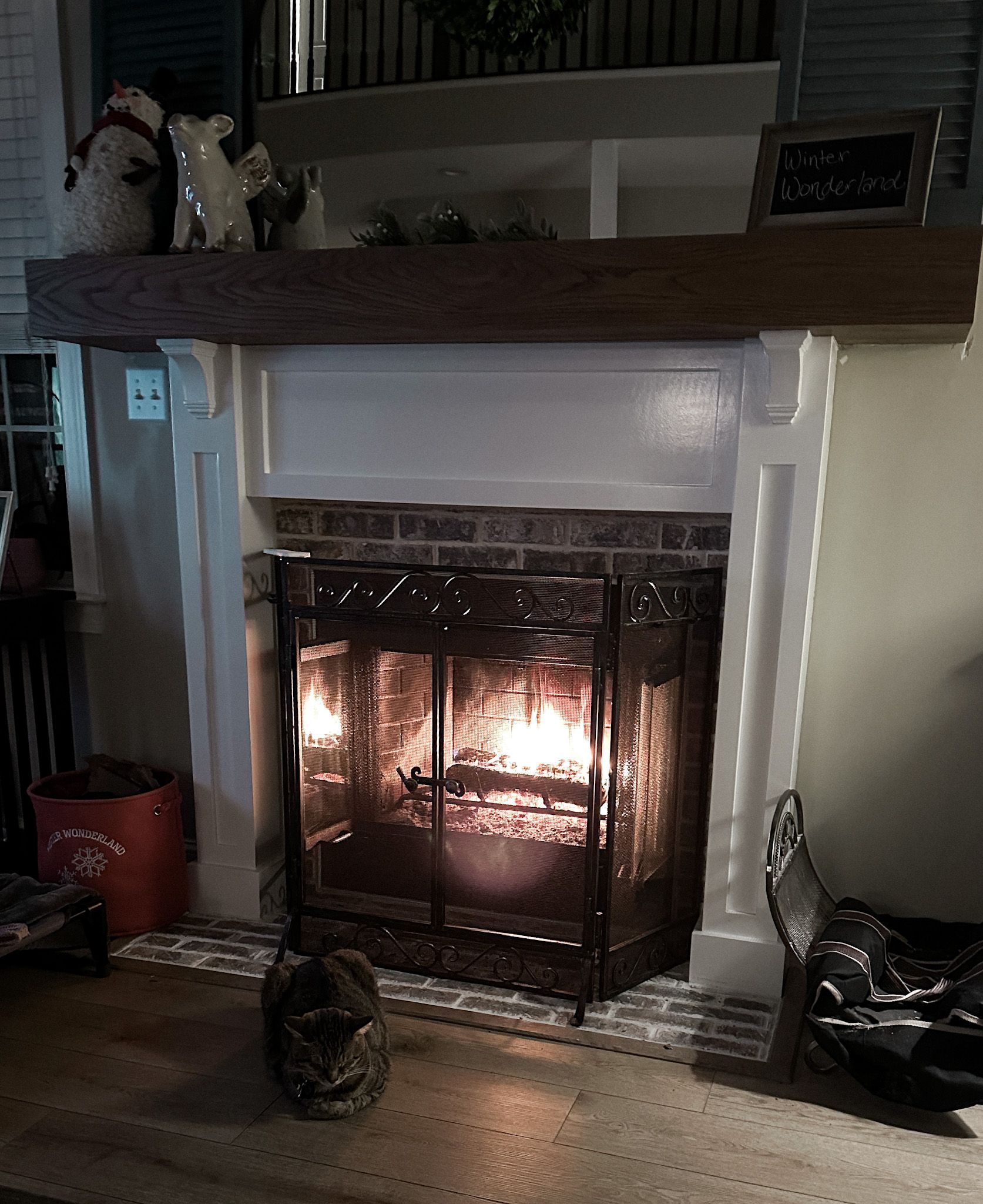 A fireplace with a cat sitting in front of it A fireplace with a cat sitting in front of it