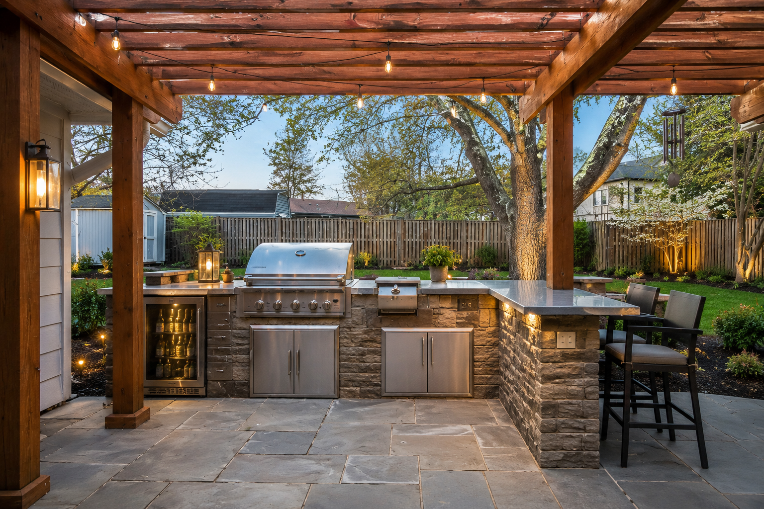 Outdoor kitchen in backyard