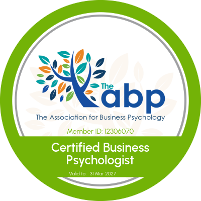 A green and white circular certification badge for The Association for Business Psychology.